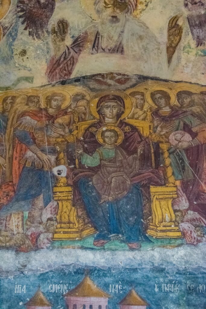🔵 BLUE TOUR – HIDDEN CAPPADOCIA Byzantine fresco depicting Saint Mary and Christ at Sumela Monastery, featuring religious icons and vibrant colors.